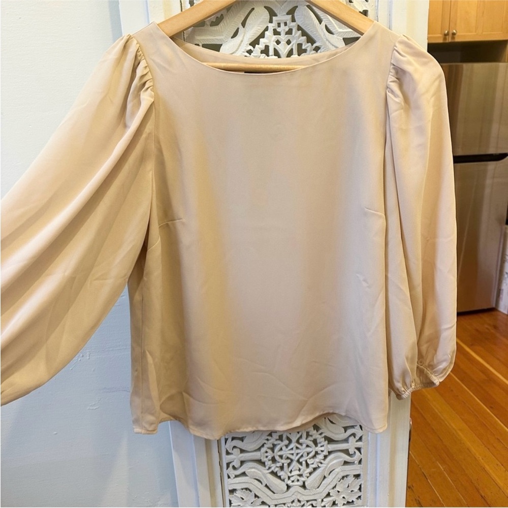 Alex Marie Satin Puff Sleeve Blouse Champagne Square Neck Dressy Top Sz S